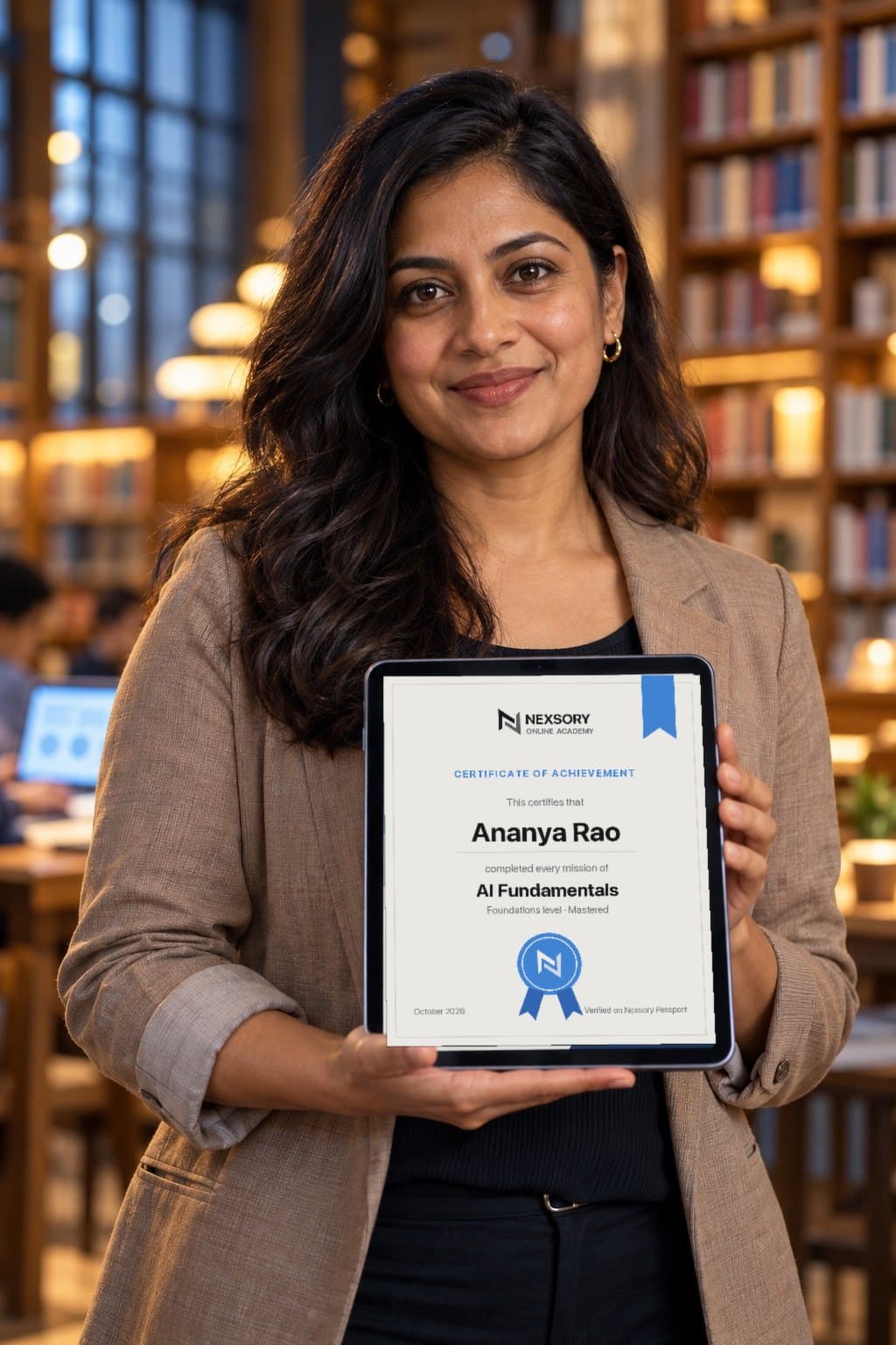 Uma mulher mostra no tablet o seu certificado de conquista da Nexsory Academia Online