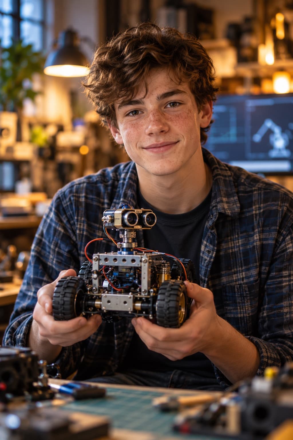 Um adolescente segura o robô que construiu