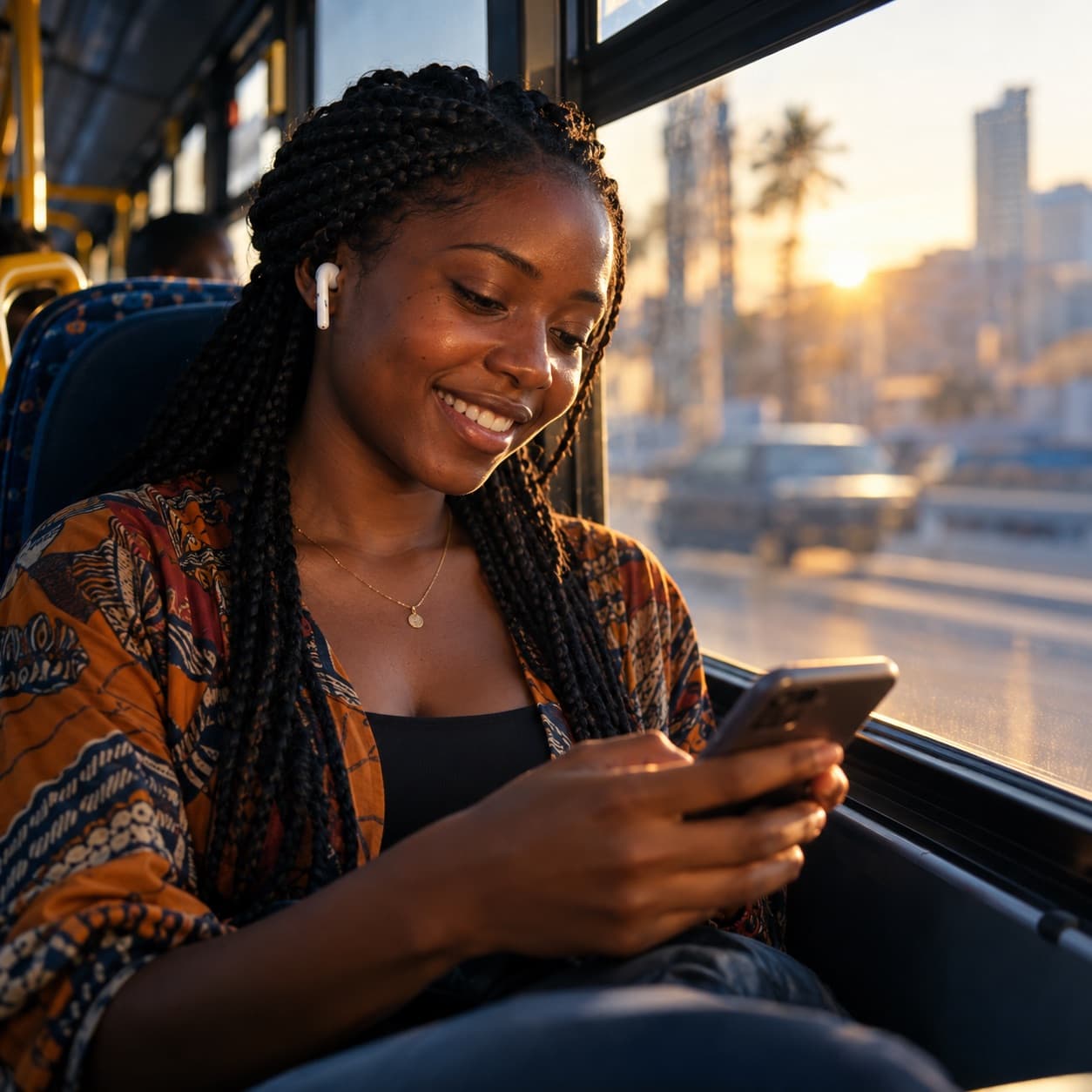 Uma jovem a aprender no telemóvel junto à janela de um machimbombo