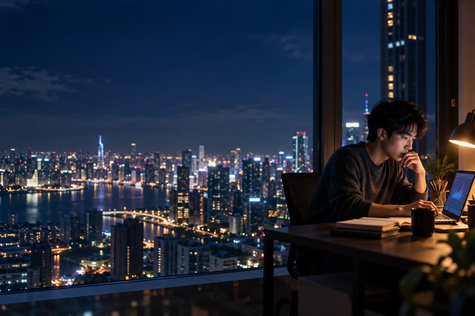 Um jovem a estudar junto a uma janela com vista para a cidade à noite