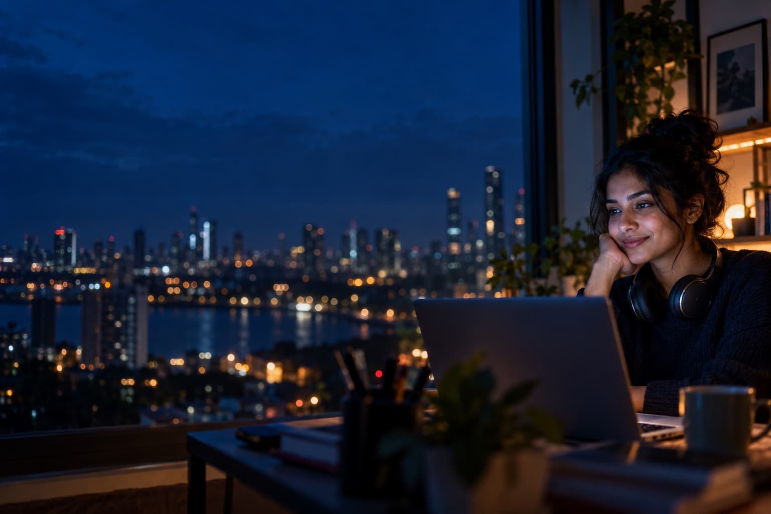 Uma mulher a aprender no portátil num escritório em casa à noite