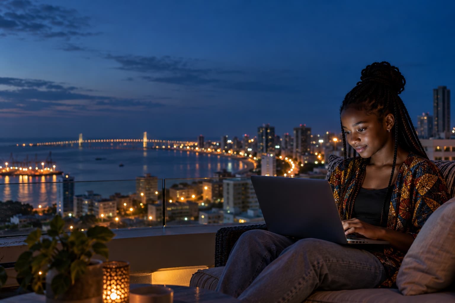 Uma jovem a estudar no portátil num terraço de Maputo ao anoitecer